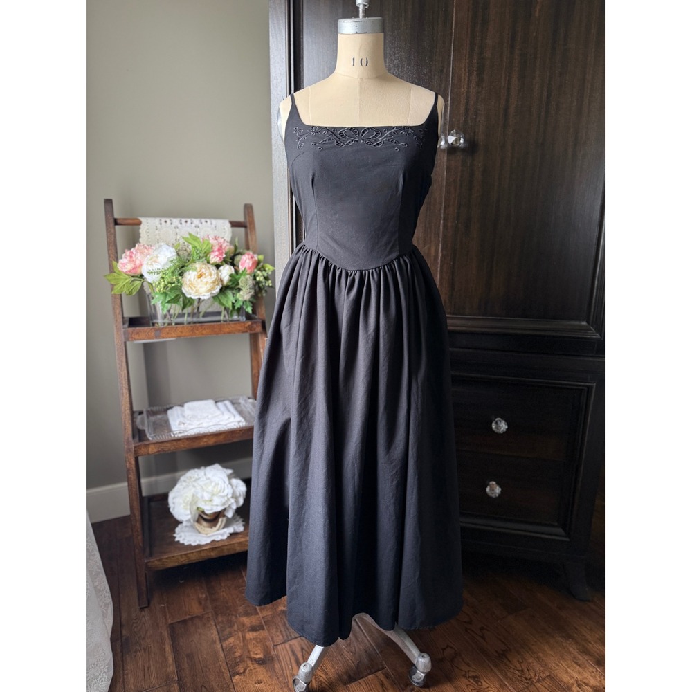 Cider Midi Dress Embroidered Fit Flare Spaghetti Strap Black M Cottagecore